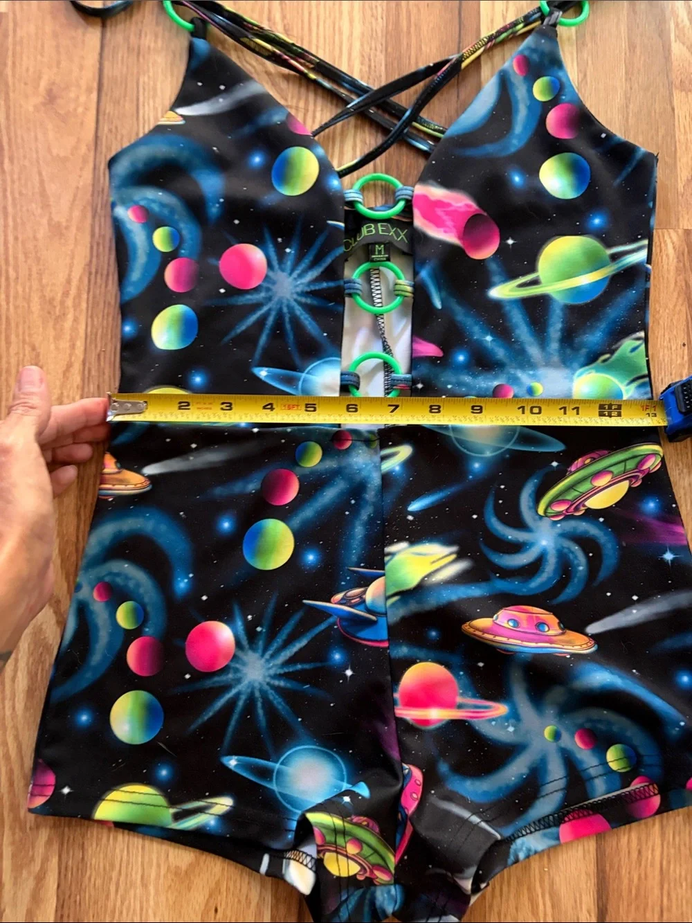 CLUB EXX ✨Dolls Kill RAVER Space-babe Black and neon Romper Shorts. NWOT - Picture 5 of 9